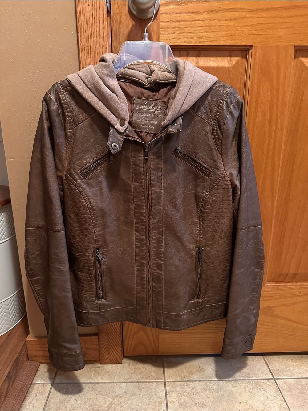 Brown Faux Leather Hooded Jacket
